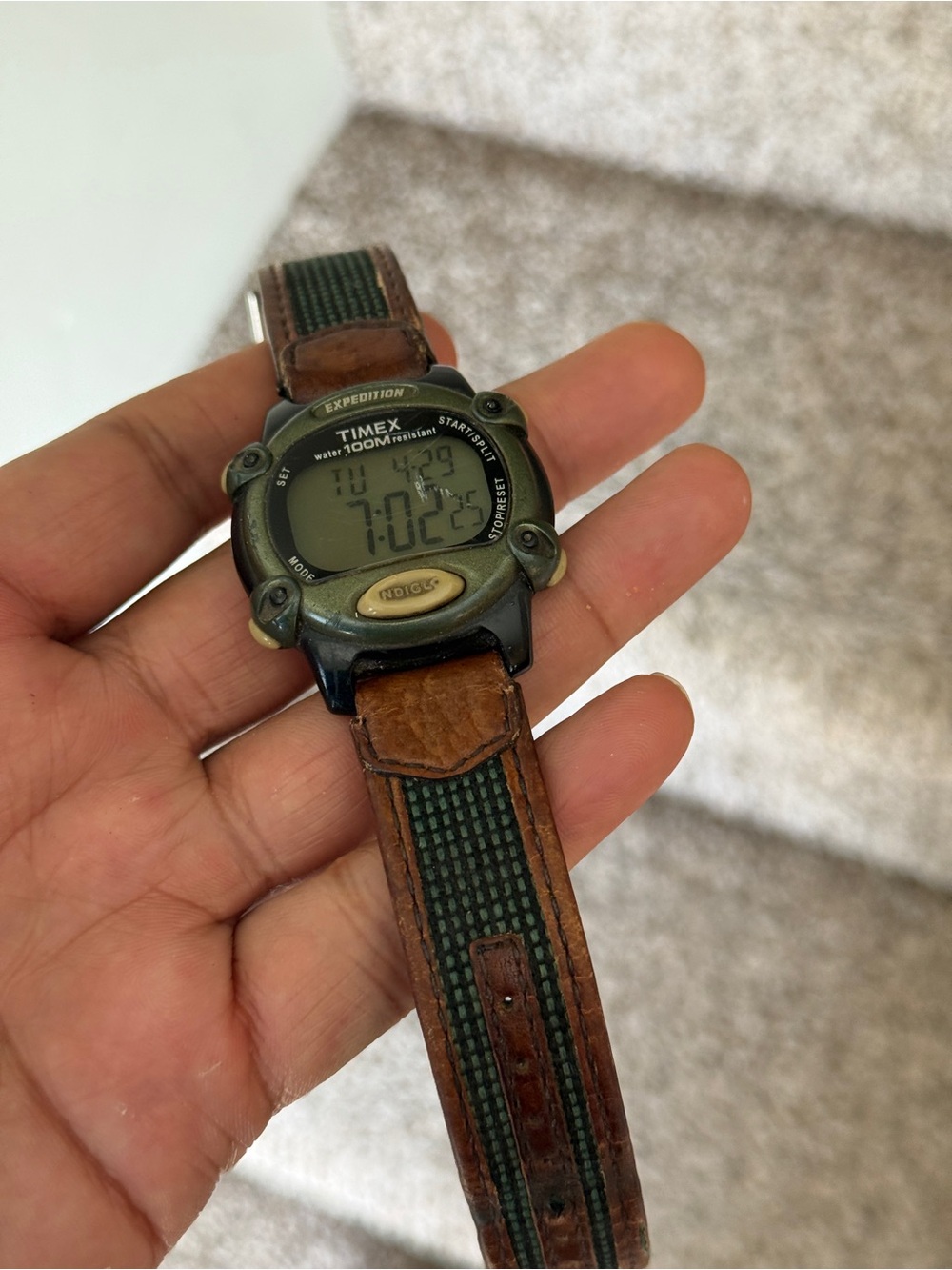 Timex Expedition vintage Digital Watch - Green Case & Brown Strap